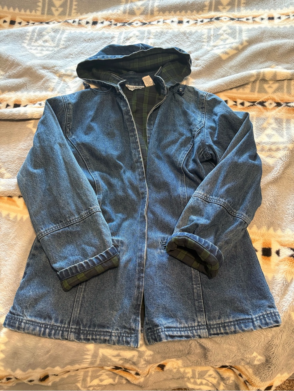 NorthStyle Blue Denim Jacket with Green Plaid Lining
